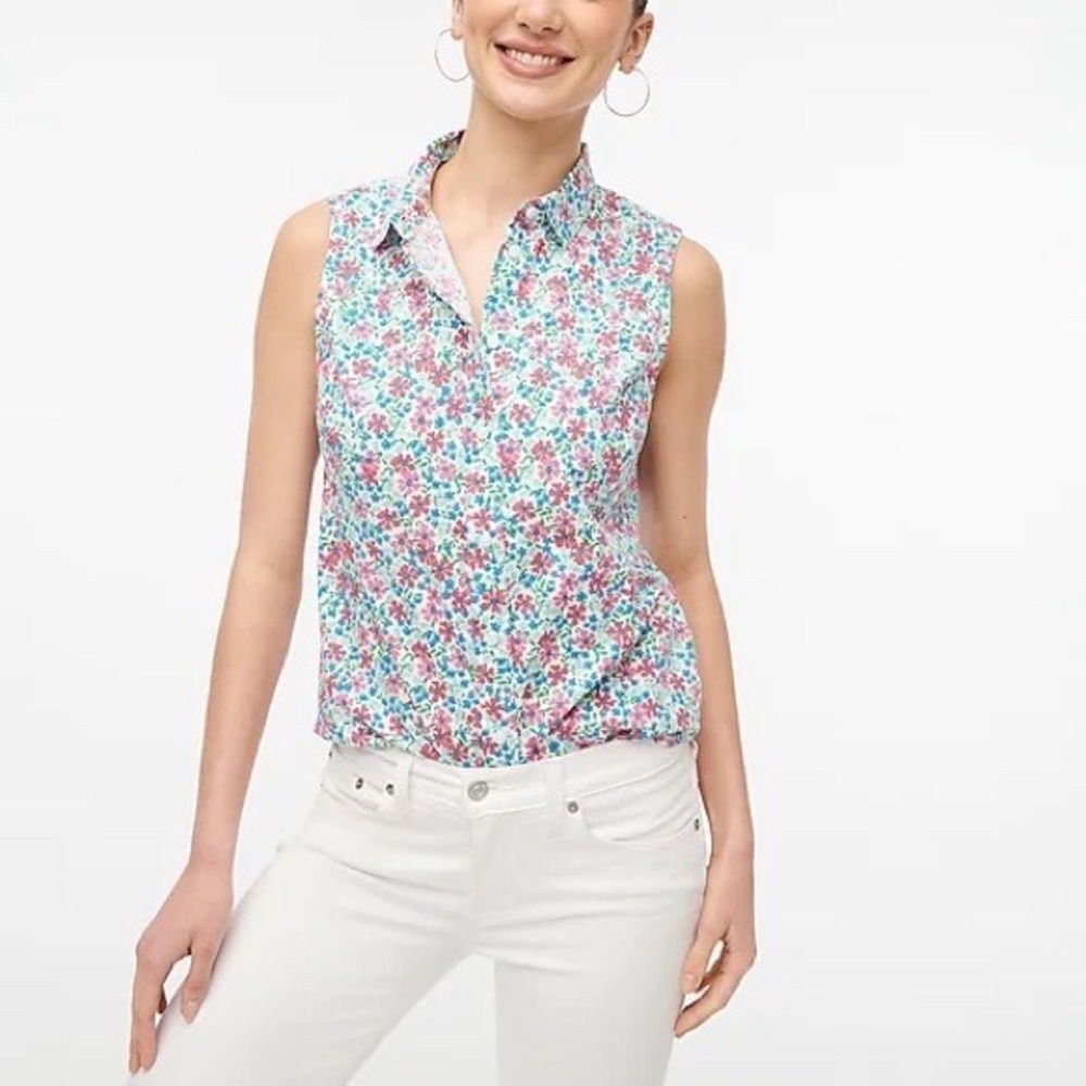 J.‎ Crew Sleeveless Floral Poplin Button Down Shirt Medium Blue Pink Preppy